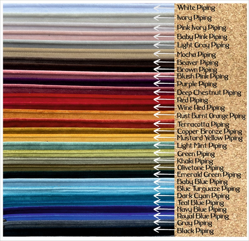 May include: A chart of 25 different coloured piping trims, each labelled with the colour name and the word "Piping". The colours range from white to black, with shades of pink, red, orange, yellow, green, blue, and grey.