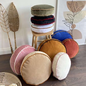 Cuscini rotondi, 30 colori disponibili, fodera e imbottitura incluse, bordi personalizzabili, cuscino rotondo in velluto per sedia, cuscino rotondo da pavimento immagine 14