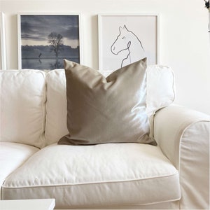 May include: A white couch with a beige velvet throw pillow. Two framed pictures hang on the wall behind the couch. The picture on the left shows a landscape with a tree and a lake. The picture on the right shows a line drawing of a horse's head.