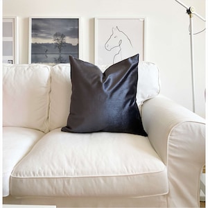 May include: A white couch with a dark gray velvet pillow. The couch is in a living room with white walls and framed artwork.
