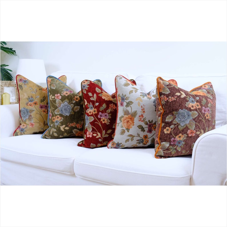 Vintage Design Ornate Floral Tapestry Throw Pillow Cover, Decorative Luxury Pillow Cover with Piping, 30 color piping options, Only Cover image 1