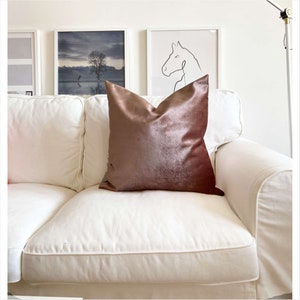 May include: A white sofa with a blush pink velvet throw pillow. The sofa is in a living room with two framed pictures on the wall behind it.