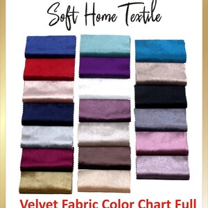 Puede incluir: Una carta de colores de muestras de tela de terciopelo en una variedad de colores, incluyendo azul, rojo, rosa, morado, negro, blanco, gris, marr&oacute;n y beige. La carta est&aacute; etiquetada como "Velvet Fabric Color Chart Full".