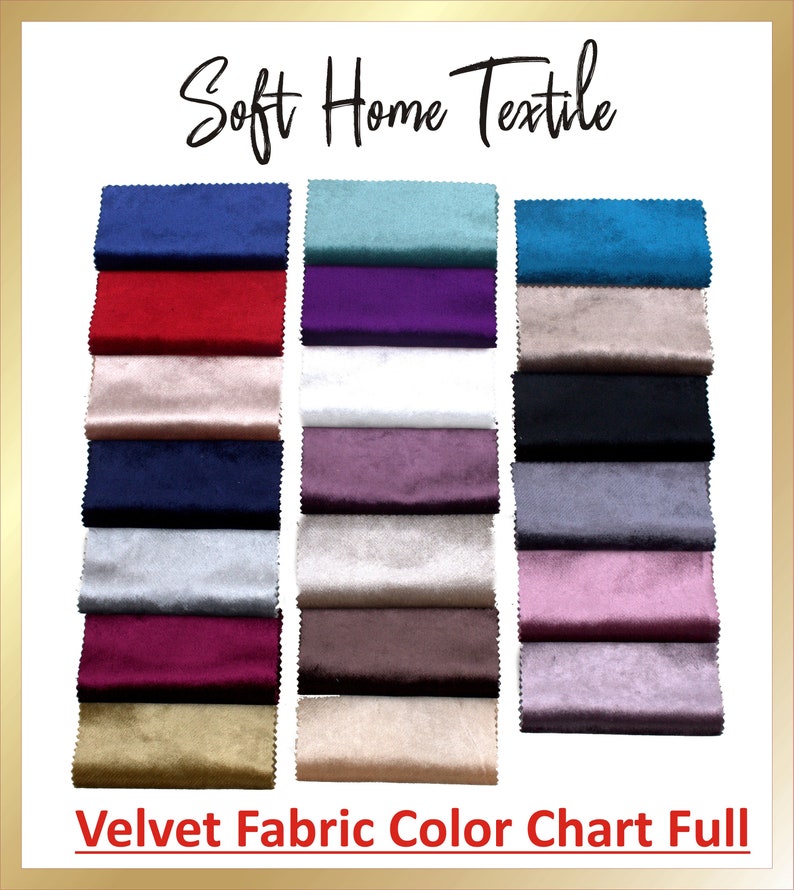 Puede incluir: Una carta de colores de muestras de tela de terciopelo en una variedad de colores, incluyendo azul, rojo, rosa, morado, negro, blanco, gris, marr&oacute;n y beige. La carta est&aacute; etiquetada como "Velvet Fabric Color Chart Full".