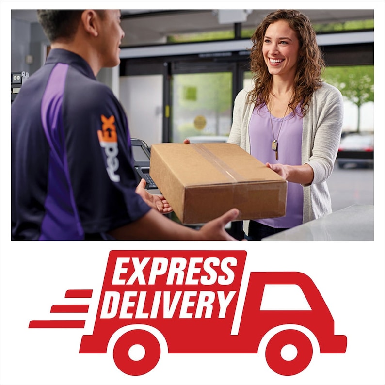 May include: A FedEx delivery driver hands a brown cardboard box to a woman in a purple shirt. The woman is smiling and the driver is looking at her. The text "EXPRESS DELIVERY" is on a red truck in the bottom of the image.