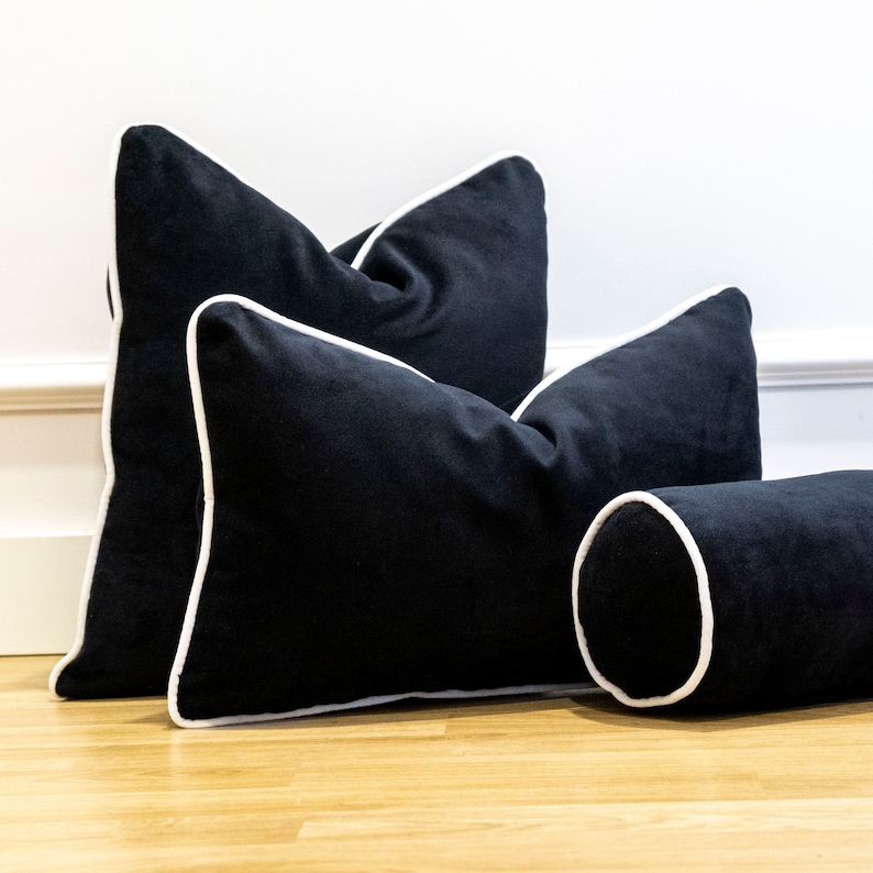 White Velvet Cushion Cover With Black Contrast Piping Black Etsy
