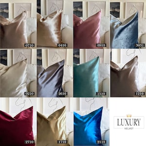 May include: A collection of 10 velvet pillow covers in various colors, including beige, gray, teal, brown, burgundy, and blue. The pillow covers are arranged in a grid pattern on a white background. Each pillow cover has a number printed on it, indicating its color code. The text "LUXURY VELVET" is printed in the bottom right corner of the image.
