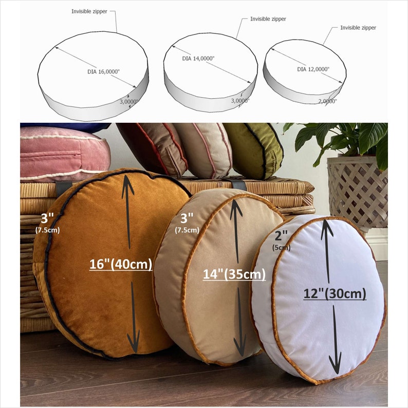 May include: Three round velvet cushions in different sizes and colours. The largest cushion is 16 inches in diameter and is a deep orange colour. The middle cushion is 14 inches in diameter and is a light beige colour. The smallest cushion is 12 inches in diameter and is white. All three cushions have a black trim around the edge.