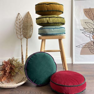 Round Pillows, 30 color pillows, Cover and Insert, Customizable Piping Colors, Velvet round chair pad Cushion, Round Floor Cushion Gift idea image 13