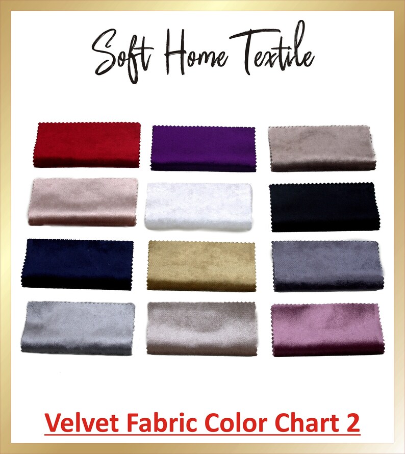 Puede incluir: Una carta de colores de 12 muestras de tela de terciopelo. Las muestras est&aacute;n dispuestas en tres filas de cuatro. Los colores incluyen rojo, morado, beige, negro, azul marino, dorado, gris, gris claro, champ&aacute;n y rosa. La carta est&aacute; etiquetada como "Soft Home Textile" y "Velvet Fabric Color Chart 2".