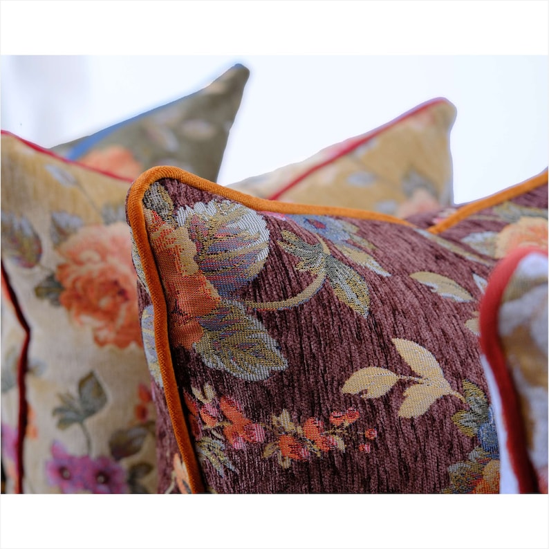 Funda de almohada de tiro con tapiz floral adornado de diseño vintage, funda de almohada decorativa de lujo con ribetes, 30 opciones de ribetes de color, solo funda imagen 6