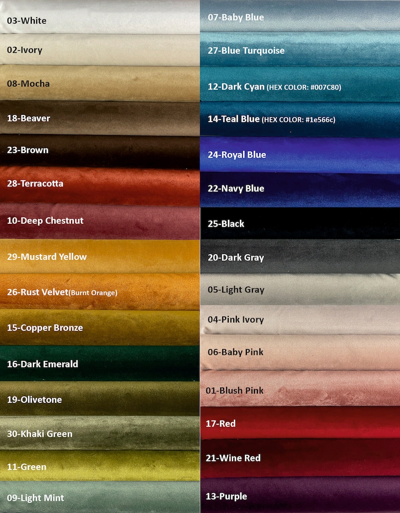 Pu&ograve; includere: Una cartella colori che mostra 30 diversi campioni di tessuto in vari colori, tra cui bianco, avorio, moka, castoro, marrone, terracotta, marrone scuro, giallo senape, velluto ruggine, bronzo ramato, verde scuro, oliva, verde kaki, verde, menta chiara, azzurro, turchese, ciano scuro, blu petrolio, blu reale, blu navy, nero, grigio scuro, grigio chiaro, avorio rosa, rosa tenue, rosa cipria, rosso, rosso vino e viola.