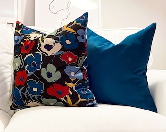 20X20 Velvet Throw Pillow, Flower Printed Pillowcase, Dark Cyan Color Tone Velvet Decorative Pillow, 18x18 Designer Pillow (Only Cover