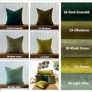 May include: A collage of six different green velvet pillow covers. The pillow covers are arranged in three rows of two. Each pillow cover is labeled with a color name and number. The colors are: 16-Dark Emerald, 19-Olivetone, 30-Khaki Green, 11-Green, and 09-Light Mint.