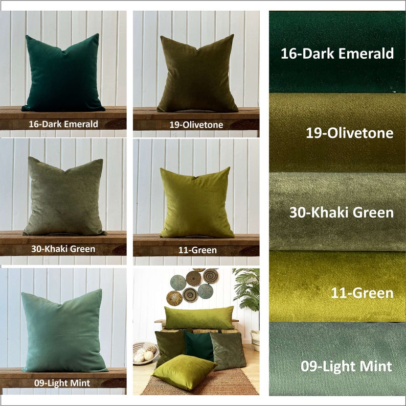 May include: A collage of six different green velvet pillow covers. The pillow covers are arranged in three rows of two. Each pillow cover is labeled with a color name and number. The colors are: 16-Dark Emerald, 19-Olivetone, 30-Khaki Green, 11-Green, and 09-Light Mint.