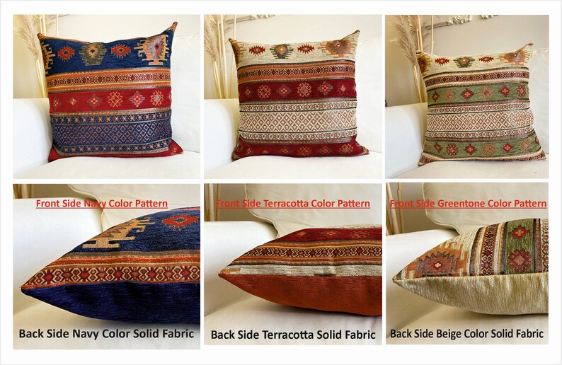 May include: Three decorative throw pillows with different color patterns. The front of each pillow features a geometric design in navy, terracotta, and green tones. The back of each pillow is a solid color in navy, terracotta, and beige.