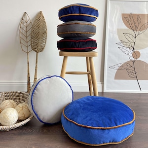 Round Pillows, 30 color pillows, Cover and Insert, Customizable Piping Colors, Velvet round chair pad Cushion, Round Floor Cushion Gift idea image 17