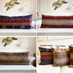 May include: Three long decorative pillows with different patterns. The pillows are on a white couch. The pillows are made of a woven fabric with a red, blue, and green color scheme. The pillows are labeled "NavyBlue Pattern", "Green Pattern", and "Terracotta Pattern".