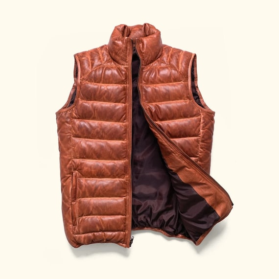 Mens Leather Puffer Vest Coat Winter Desert Crunch Vest Quilted