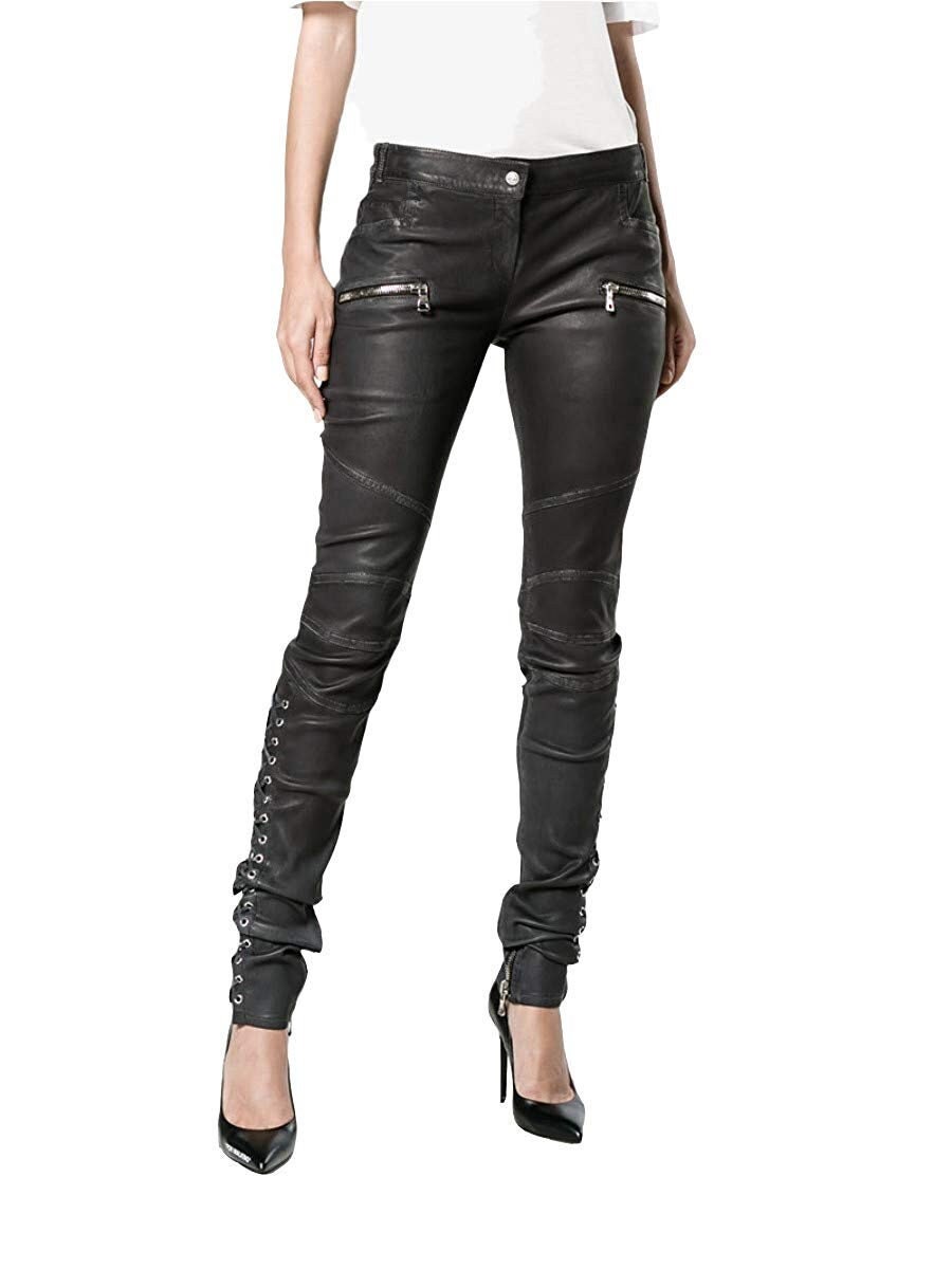 Handmade Women Leather Skinny Slim Fit Pant Genuine Lambskin Leather  Stylish Biker Motorcycle Jeans Lace-up Trouser Pants 