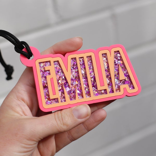 Personalised bag tag Pink & orange sparkle layered acrylic