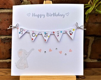 Personalised Birthday Card - Boys - Girls - Elephant - Bunting  - Handmade - Hand drawn