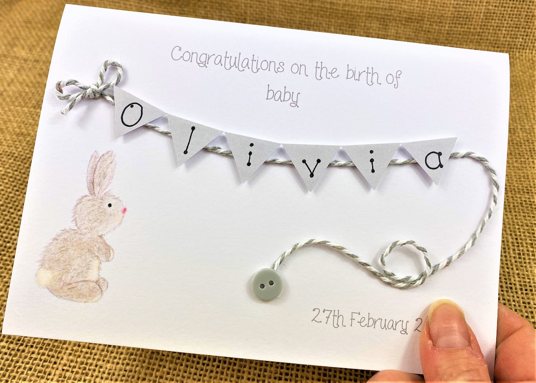 Personalised New Baby Card: Hand-drawn Rabbit, Bunting & Button - Etsy