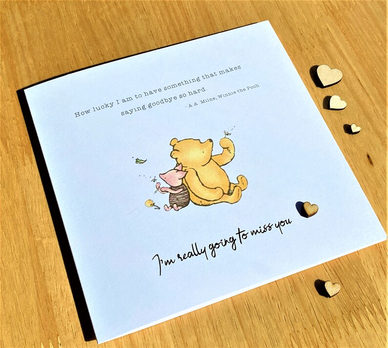 6 x 6 inch Winnie the Pooh Miss You Card featuring a classic Winnie the Pooh image, a laser-cut wooden heart and an AA Milne quote