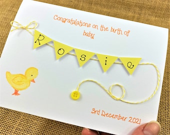 Personalized New Baby Card: Hand-Drawn Duckling, Bunting (Up to 7 Letters - Personalised)