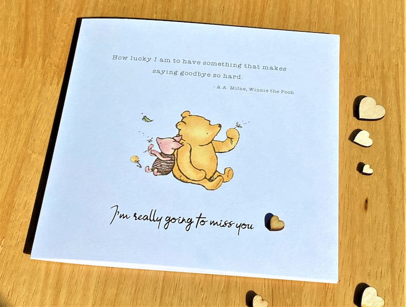 6 x 6 inch Winnie the Pooh Miss You Card featuring a classic Winnie the Pooh image, a laser-cut wooden heart and an AA Milne quote