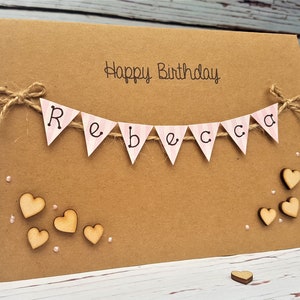 Personalised Birthday Card: Bunting & Wooden Hearts, Kraft Card