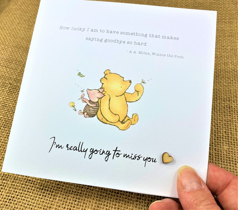 6 x 6 inch Winnie the Pooh Miss You Card featuring a classic Winnie the Pooh image, a laser-cut wooden heart and an AA Milne quote