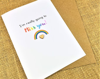 Handmade Miss You Card: Rainbow & Wooden Heart Embellishment