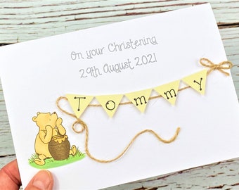 Personalised Handmade Winnie the Pooh Christening / Baptism / Naming Day card with hand cut bunting