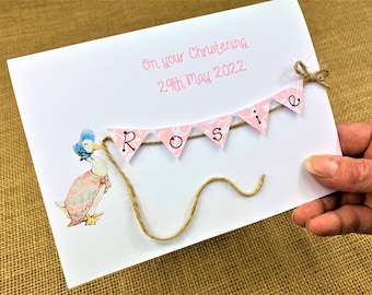Personalised Handmade Jemima Puddleduck Christening / Baptism / Naming Day card with hand cut bunting