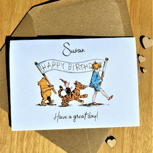 Personalised - Handmade - Winnie the Pooh Banner March Classic Birthday Card - A6 Card - Vintage Themed with Brown Envelope