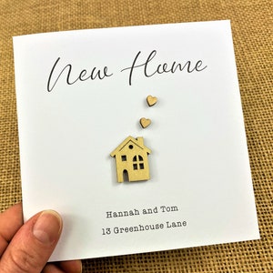 PERSONALISED New Home / Moving Card - Wooden House - Wooden Hearts - 5 x 5 Inch - Names & Address + Brown or White Envelope