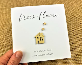 PERSONALISED New Home / Moving Card - Wooden House - Wooden Hearts - 5 x 5 Inch - Names & Address + Brown or White Envelope