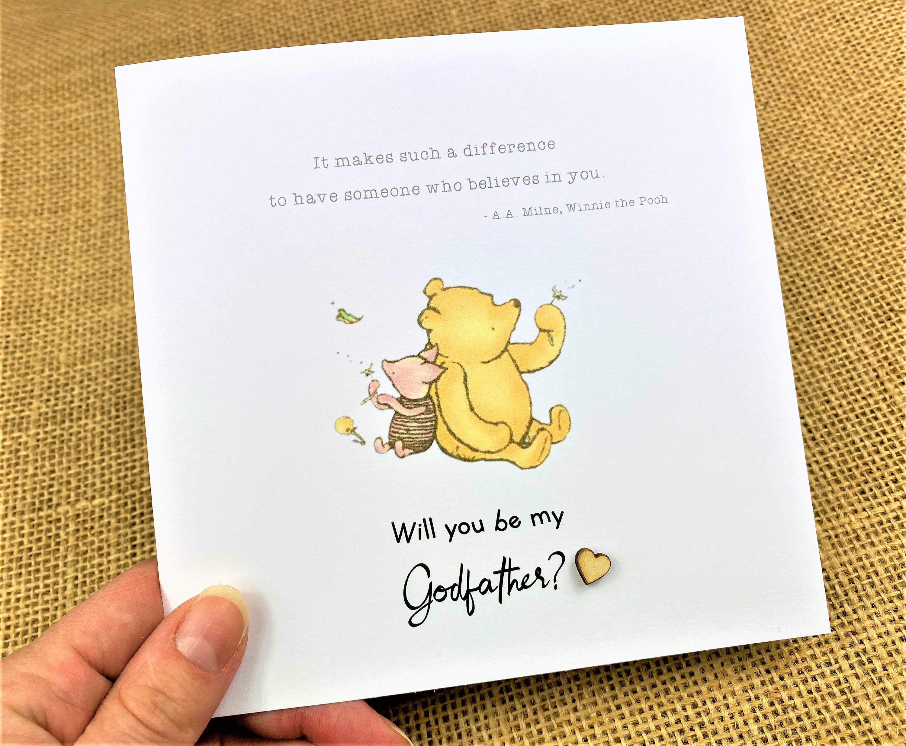 Winnie the Pooh Godparent Card: Sentiment Quote, 6x6 White Card