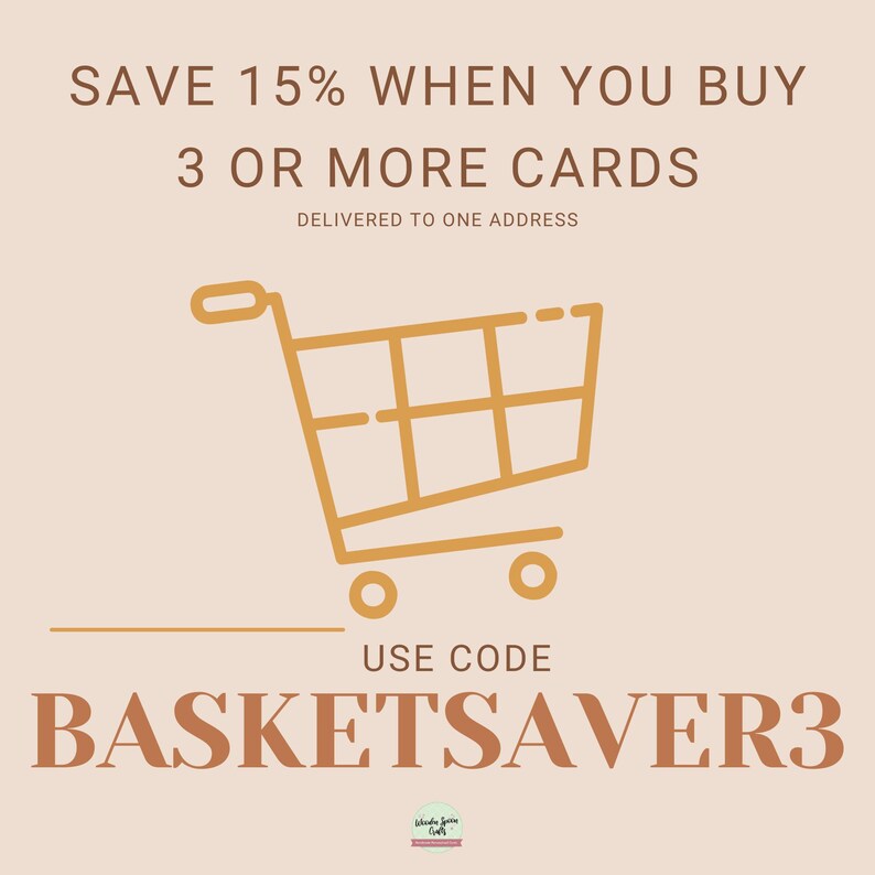 May include: A promotional graphic with a shopping cart illustration and text. The text reads "SAVE 15% WHEN YOU BUY 3 OR MORE CARDS" and "USE CODE BASKETSAVER3". The background is a light beige color.