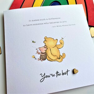 6 x 6 inch Handmade Winnie the Pooh Thank you teacher card. Features a laser cut wooden heart, an AA Milne quote and a classic Winnie the Pooh image.