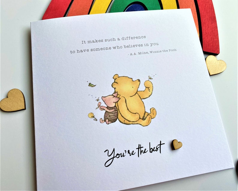 6 x 6 inch Handmade Winnie the Pooh Thank you teacher card. Features a laser cut wooden heart, an AA Milne quote and a classic Winnie the Pooh image.