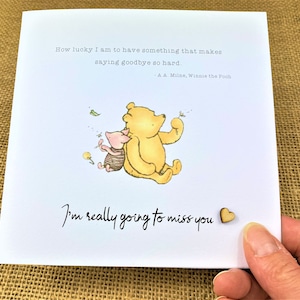 6 x 6 inch Winnie the Pooh Miss You Card featuring a classic Winnie the Pooh image, a laser-cut wooden heart and an AA Milne quote