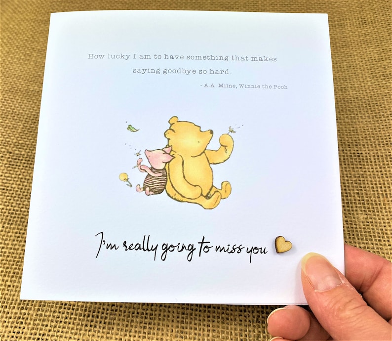 6 x 6 inch Winnie the Pooh Miss You Card featuring a classic Winnie the Pooh image, a laser-cut wooden heart and an AA Milne quote