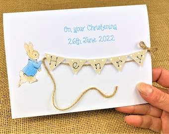 Personalised Handmade Peter Rabbit Christening / Baptism / Naming Day card with hand cut bunting