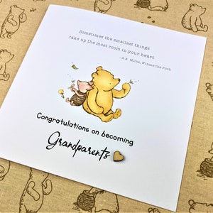 6 x 6 inch Handmade Winnie the Pooh Congratulations on becoming Grandparents card. Features a laser cut wooden heart, an AA Milne quote and a classic Winnie the Pooh image