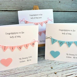 New Baby / Birth of Baby Card / Twins or One Baby - Blue or Pink Bunting - 6 x 6 inch card with matching envelope