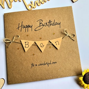 Personalised 6 x 6 inch Birthday Card - Bunting Card - Brown Kraft - With Matching Envelope & Fast UK Shipping Available