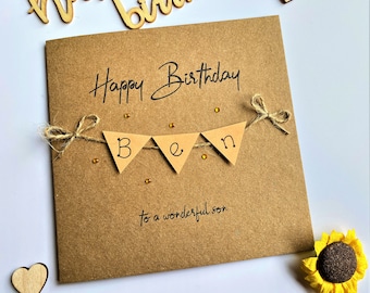 Personalised Birthday Bunting Card: Kraft Card (Brown), Diamante Embellished, Up to 7 letters