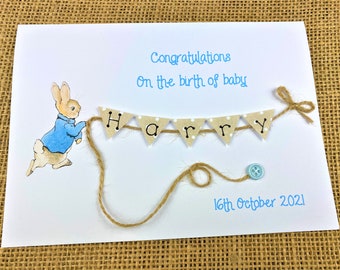 New Baby Card / Birth of Baby - Peter Rabbit or Jemima Puddleduck design - 5 x 7 inch card with matching envelope